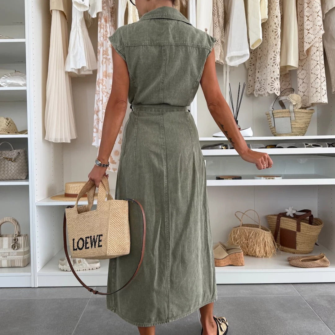 Shirt Collar Midi Dress with Full Button Closure and Tie Waist