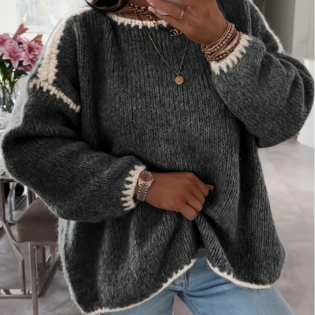 Round Neck Oversized Sweater with Contrast Stitching and Balloon Sleeves