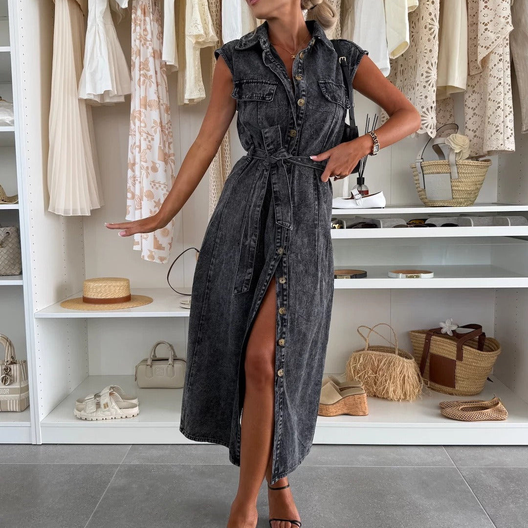 Shirt Collar Midi Dress with Full Button Closure and Tie Waist