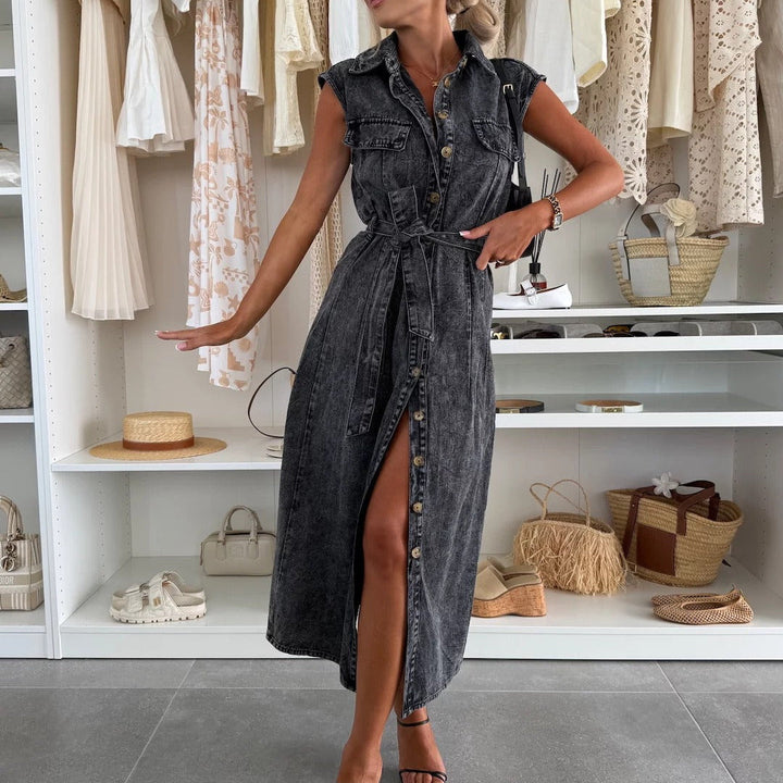 Shirt Collar Midi Dress with Full Button Closure and Tie Waist