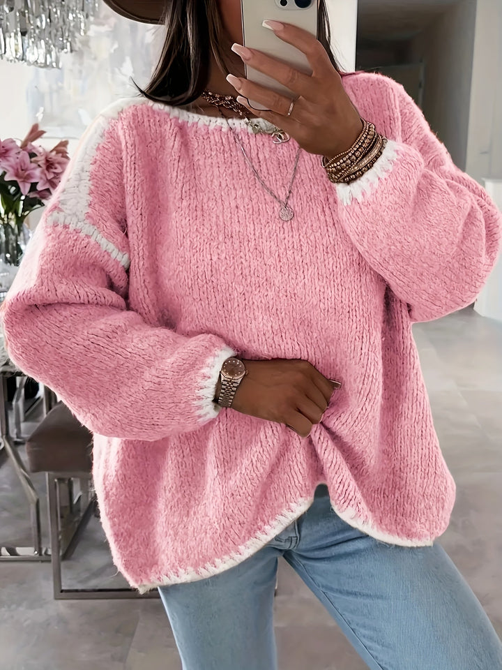 Round Neck Oversized Sweater with Contrast Stitching and Balloon Sleeves