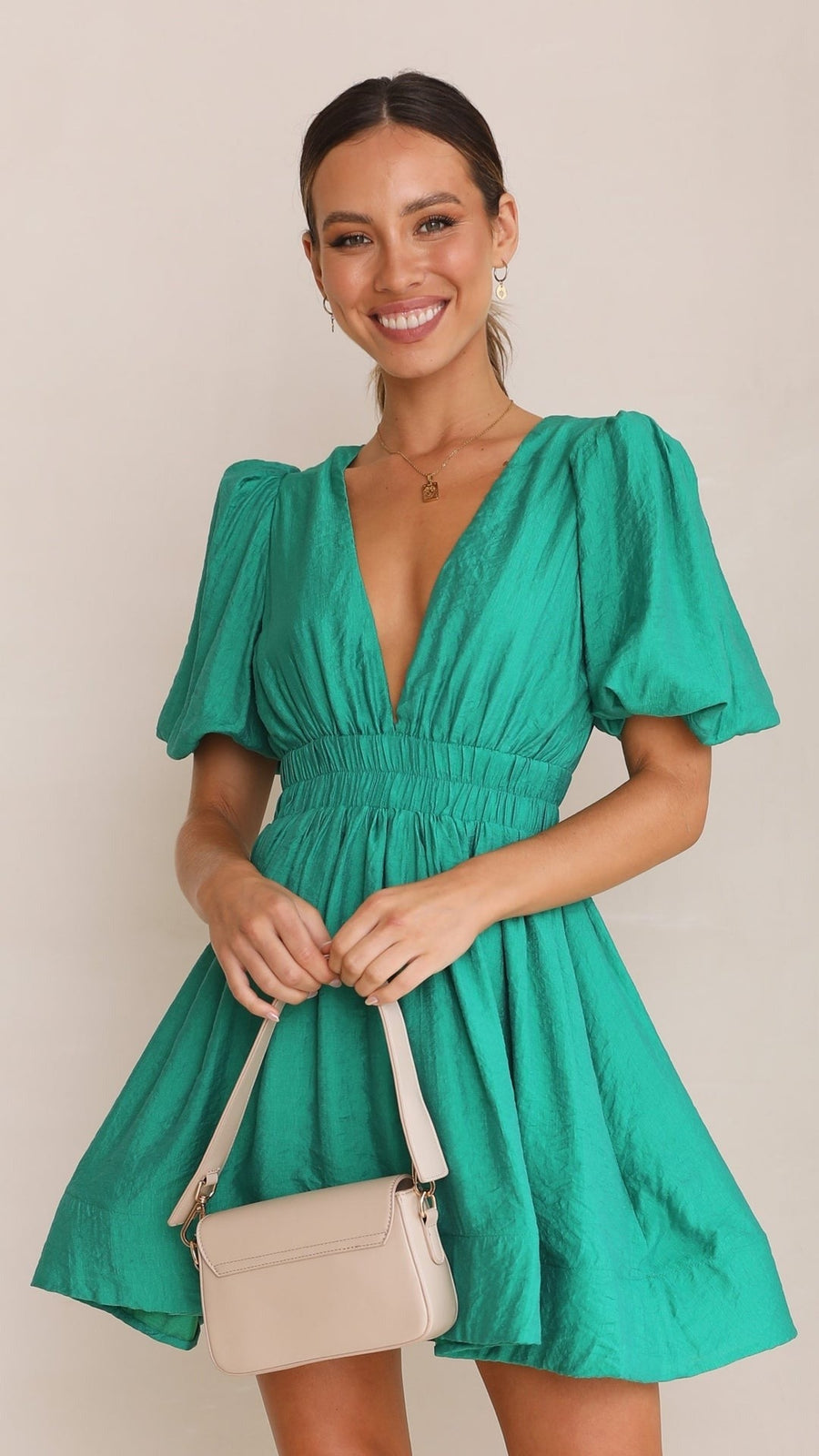 Mini Dress with Deep V-Neckline, Short Puff Sleeves and Gathered Waist