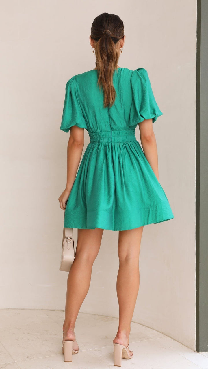 Mini Dress with Deep V-Neckline, Short Puff Sleeves and Gathered Waist