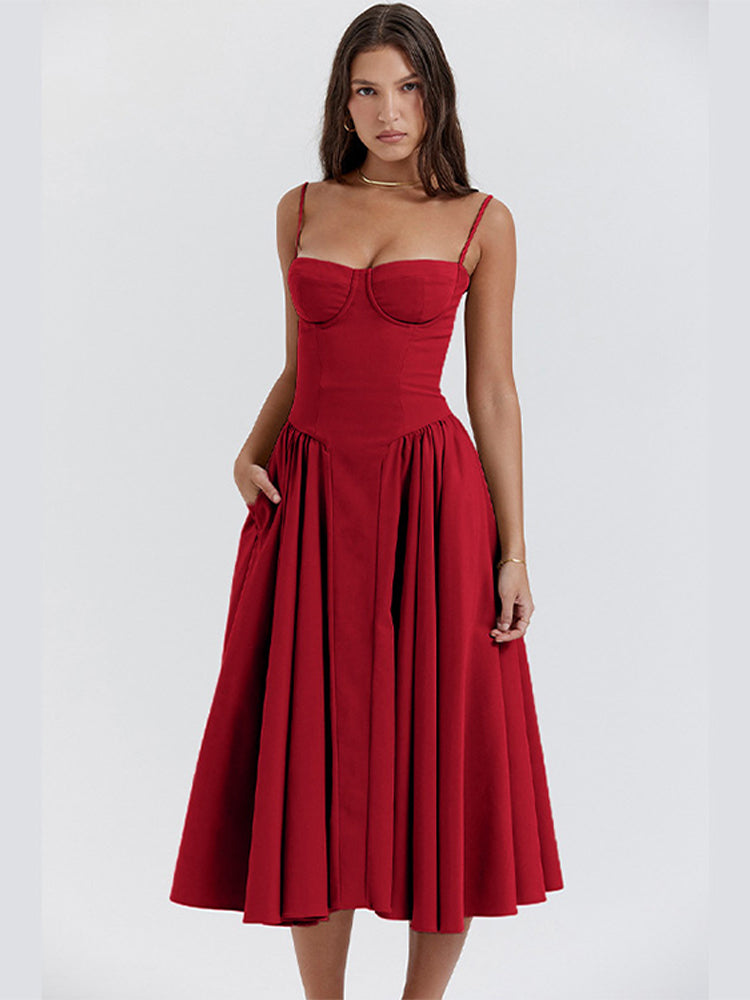 Midi Dress with Spaghetti Straps, Bustier Bodice, and Side Pockets
