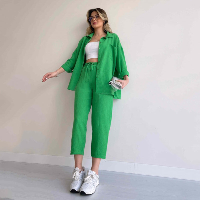 Oversized Shirt and Cropped Trousers Co-ord Set with Button Closures