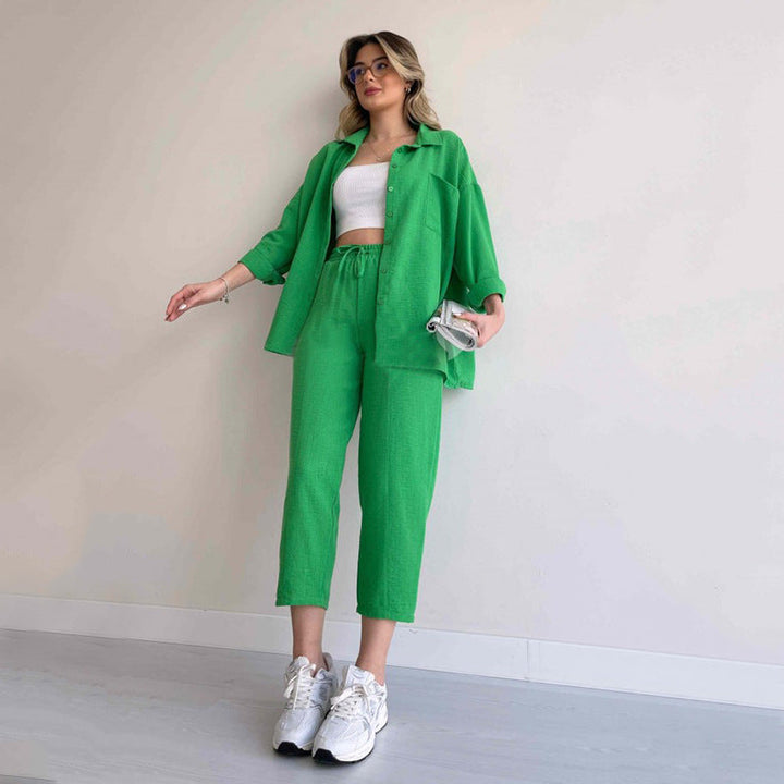Oversized Shirt and Cropped Trousers Co-ord Set with Button Closures
