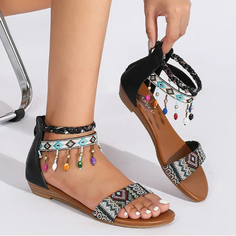 THEA - Boho Beaded Ankle Strap Sandals