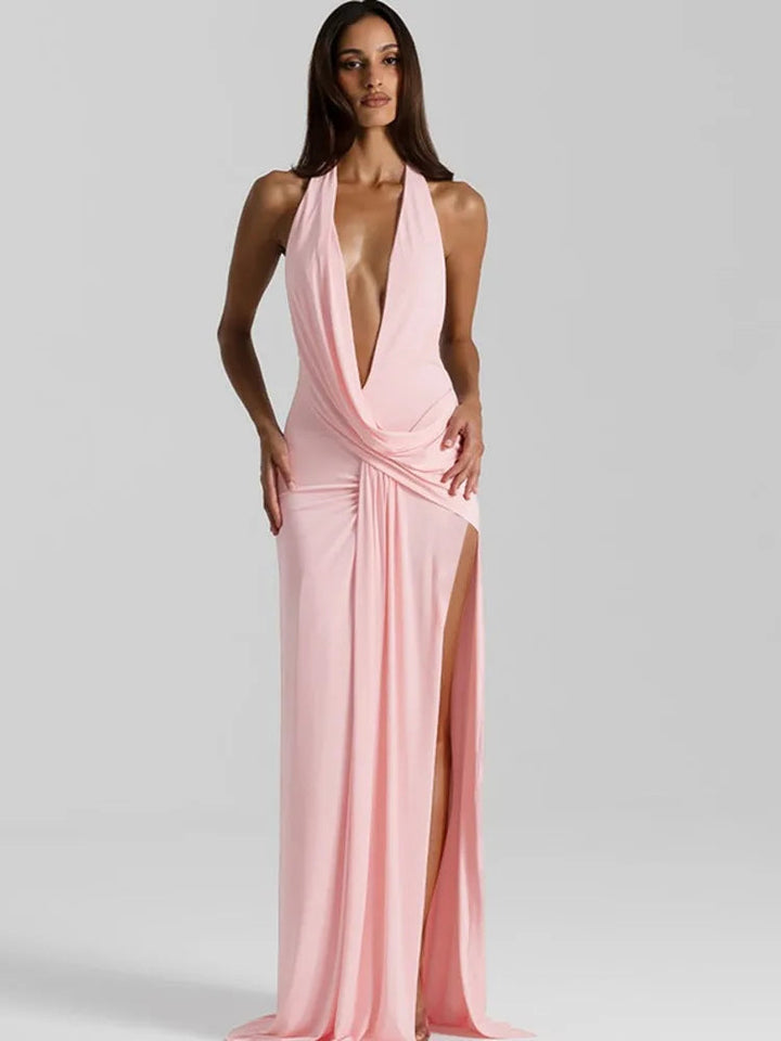 Halter Cowl-Neck Maxi Dress with Plunging Back and High Slit