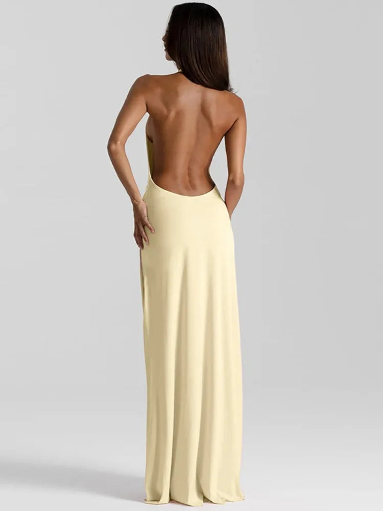 Halter Cowl-Neck Maxi Dress with Plunging Back and High Slit
