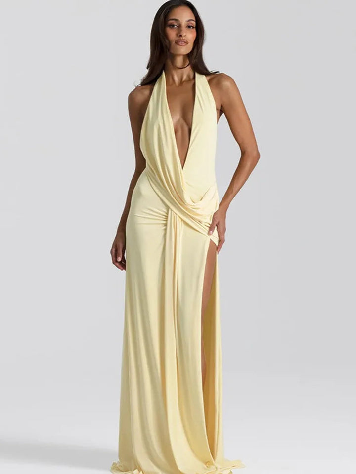 Halter Cowl-Neck Maxi Dress with Plunging Back and High Slit