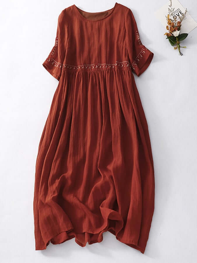 Cotton linen boho dress and Embroidered Waist