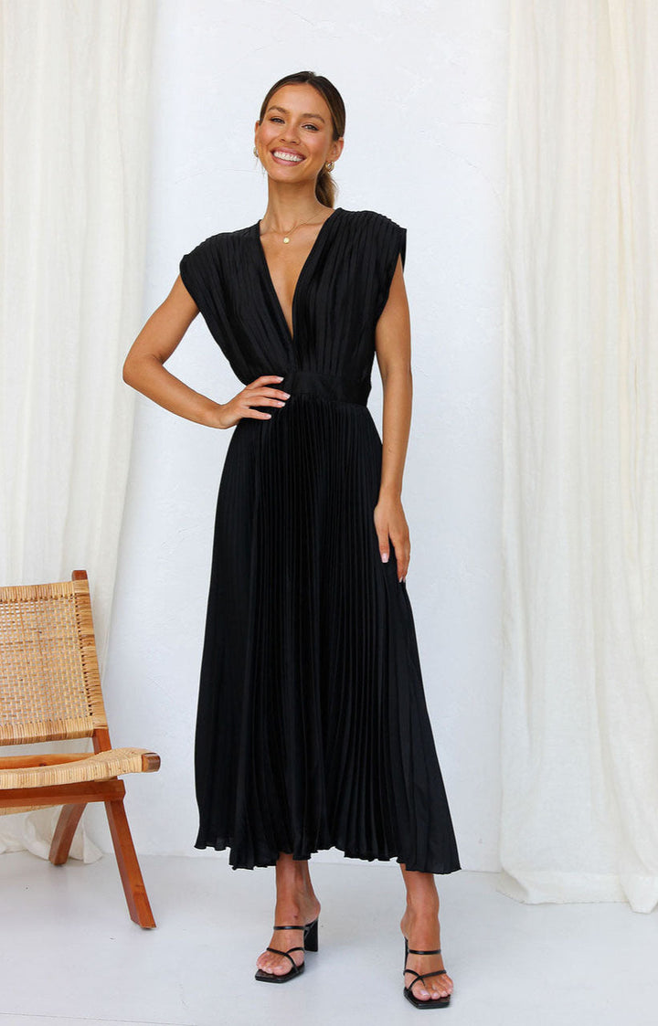 Plissé Pleated Midi Dress with Deep V-Neckline and Cap Sleeves