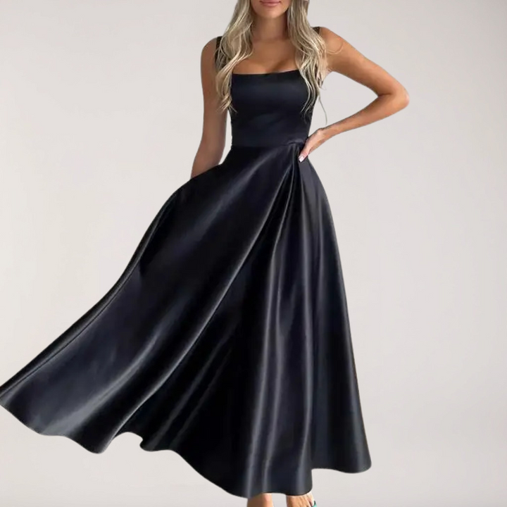 Square-Neck Midi Dress with Wide Straps and Fitted Waist