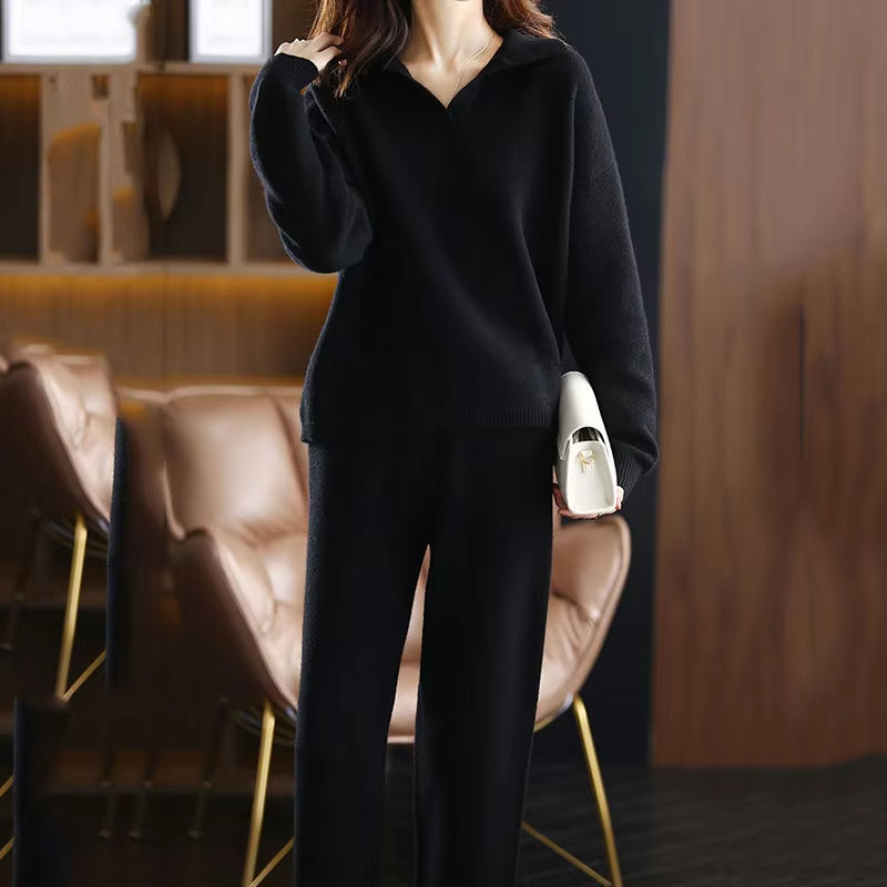 Polo Neckline Long Sleeve Top and Straight Leg Trousers Knit Set