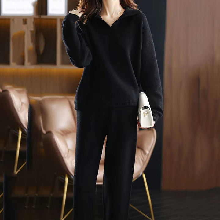 Polo Neckline Long Sleeve Top and Straight Leg Trousers Knit Set