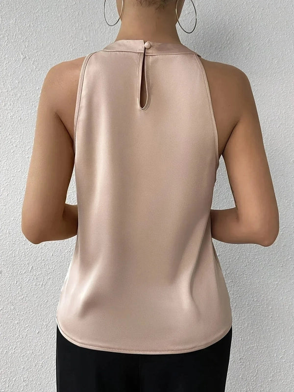 Sleeveless Halter Top with Pleated Neckline and Keyhole Back