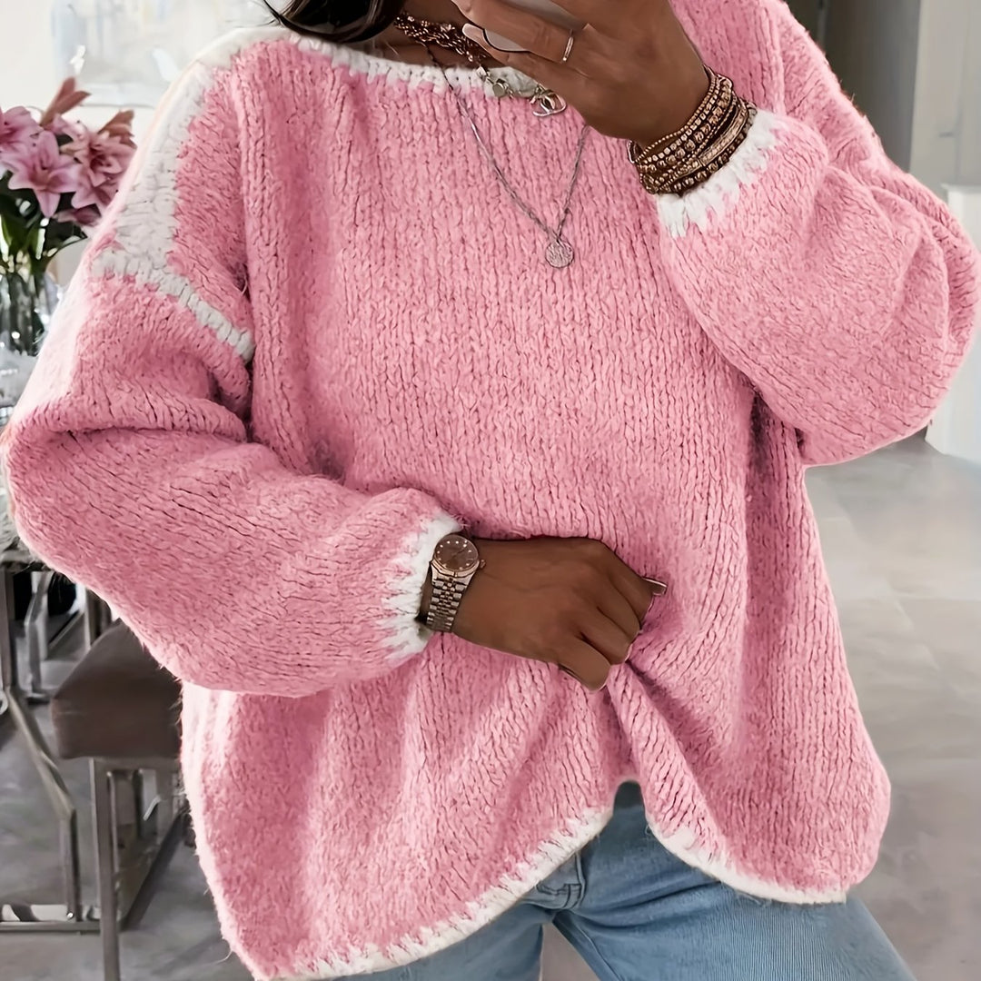 Round Neck Oversized Sweater with Contrast Stitching and Balloon Sleeves