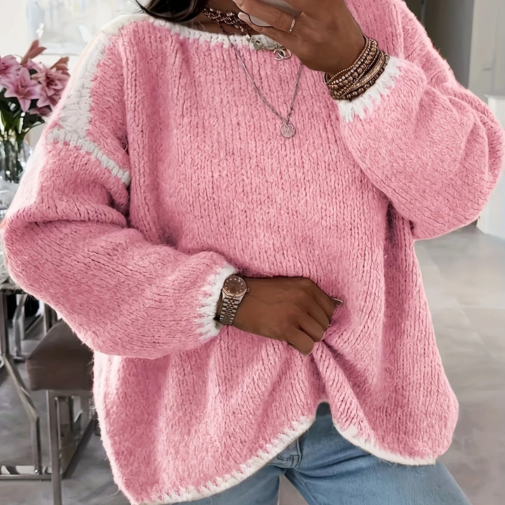 Round Neck Oversized Sweater with Contrast Stitching and Balloon Sleeves