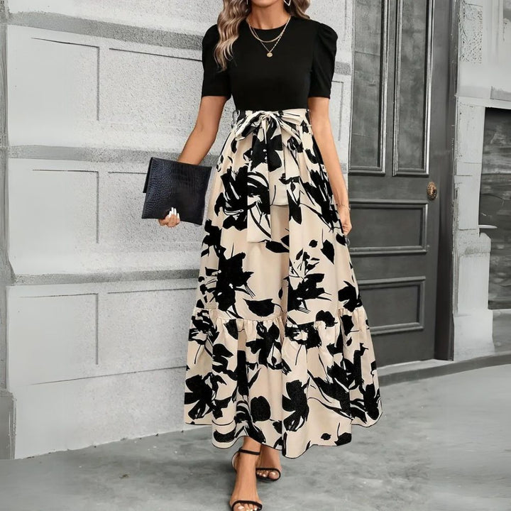 Puff Sleeve Tiered Maxi Dress with Round Neckline and Tie Waist