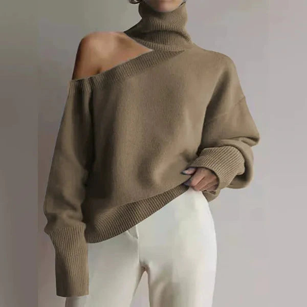 Asymmetrical Turtleneck Sweater with Shoulder Cut-Out and Long Sleeves