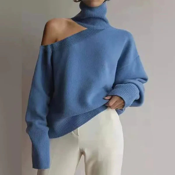 Asymmetrical Turtleneck Sweater with Shoulder Cut-Out and Long Sleeves