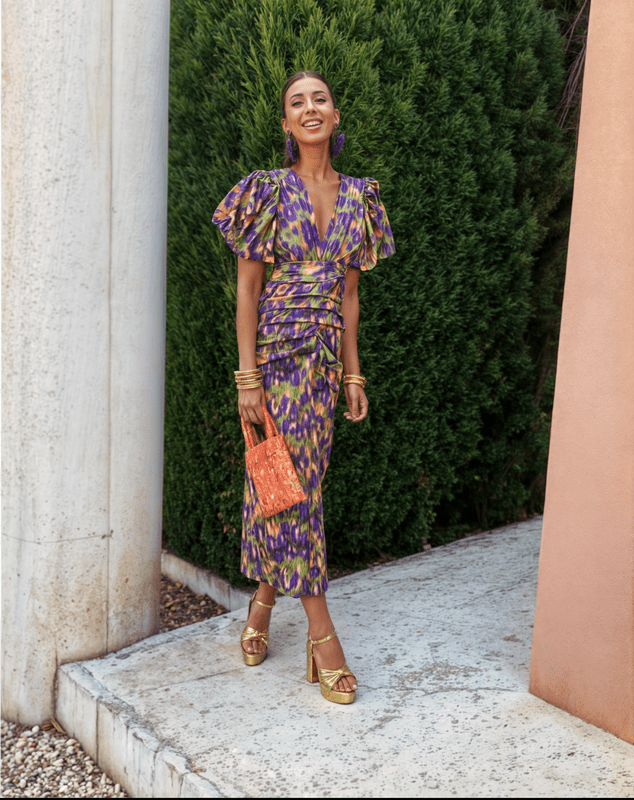 V-Neckline Fitted Dress with Puff Sleeves and Ruched Front Detail
