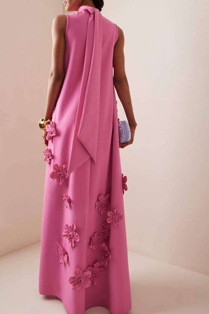 High-Neck Sleeveless Maxi Dress with Flower Embellishments and Back Tie Detail