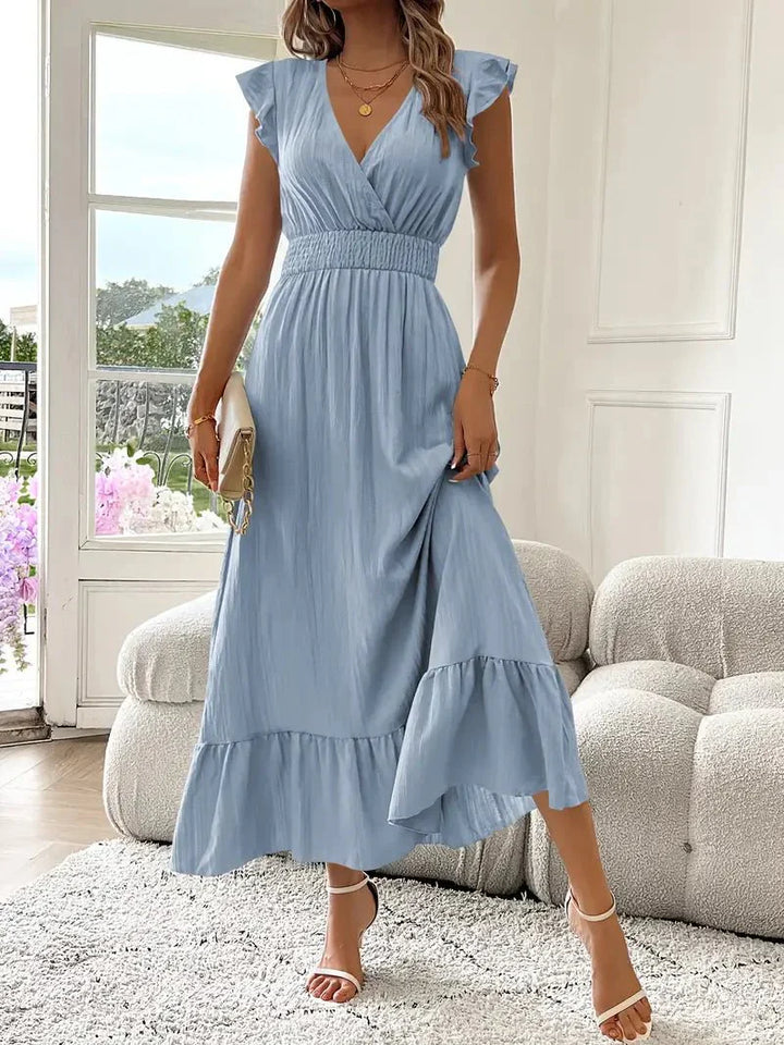 Ruffled Midi Dress with V-Neckline and Ruffle Sleeves