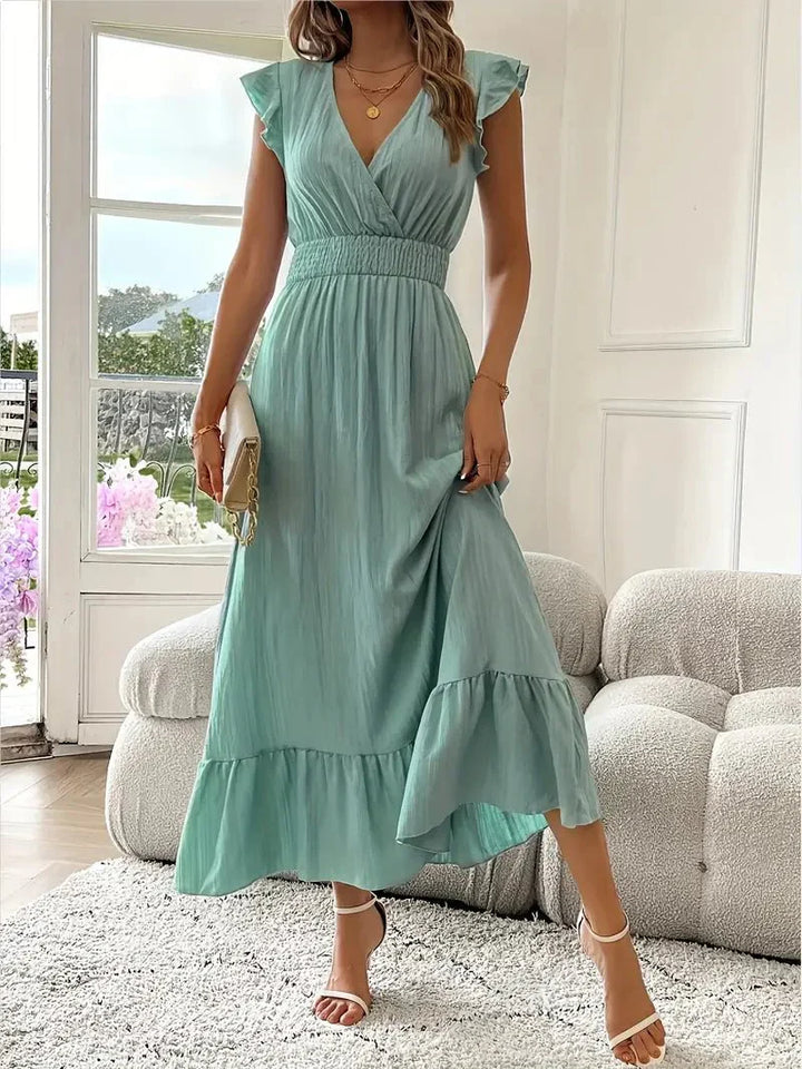 Ruffled Midi Dress with V-Neckline and Ruffle Sleeves