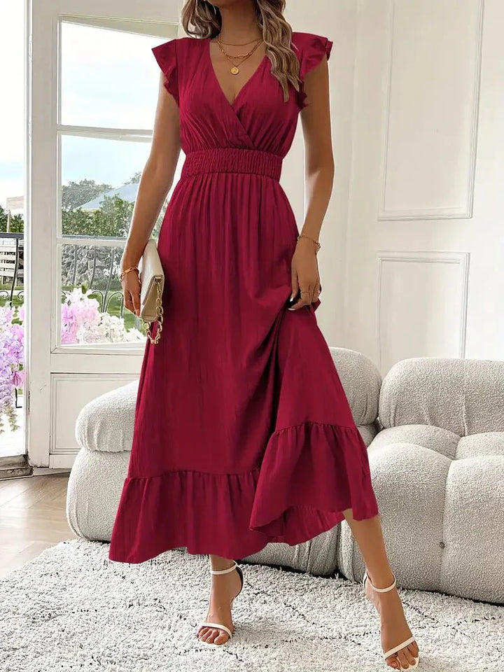 Ruffled Midi Dress with V-Neckline and Ruffle Sleeves