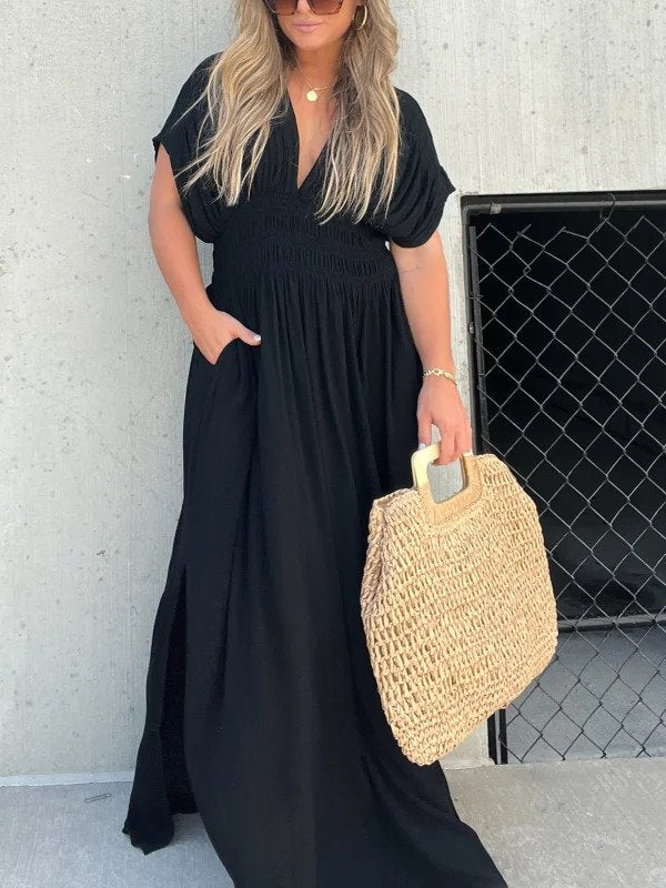 Maxi Dress with Shirred Waist, V-Neckline, and Dolman Sleeves