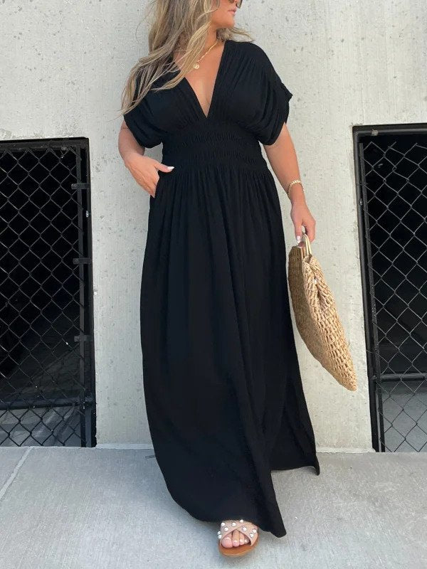 Maxi Dress with Shirred Waist, V-Neckline, and Dolman Sleeves