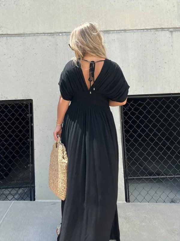 Maxi Dress with Shirred Waist, V-Neckline, and Dolman Sleeves