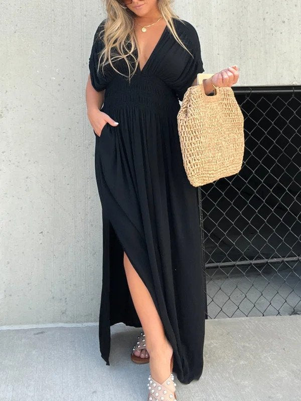 Maxi Dress with Shirred Waist, V-Neckline, and Dolman Sleeves