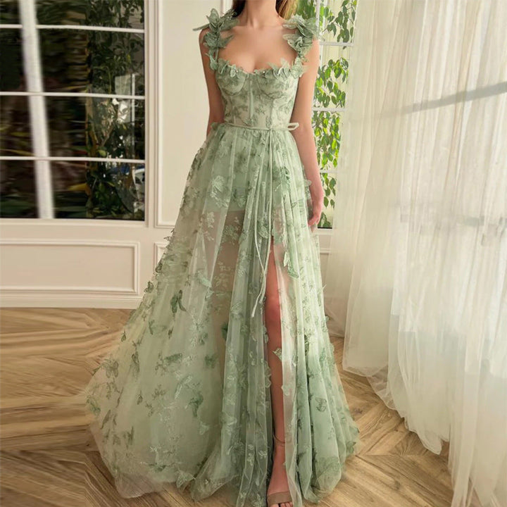 Floral Embroidered Maxi Dress with Ruffled Shoulder Straps and Front Slit