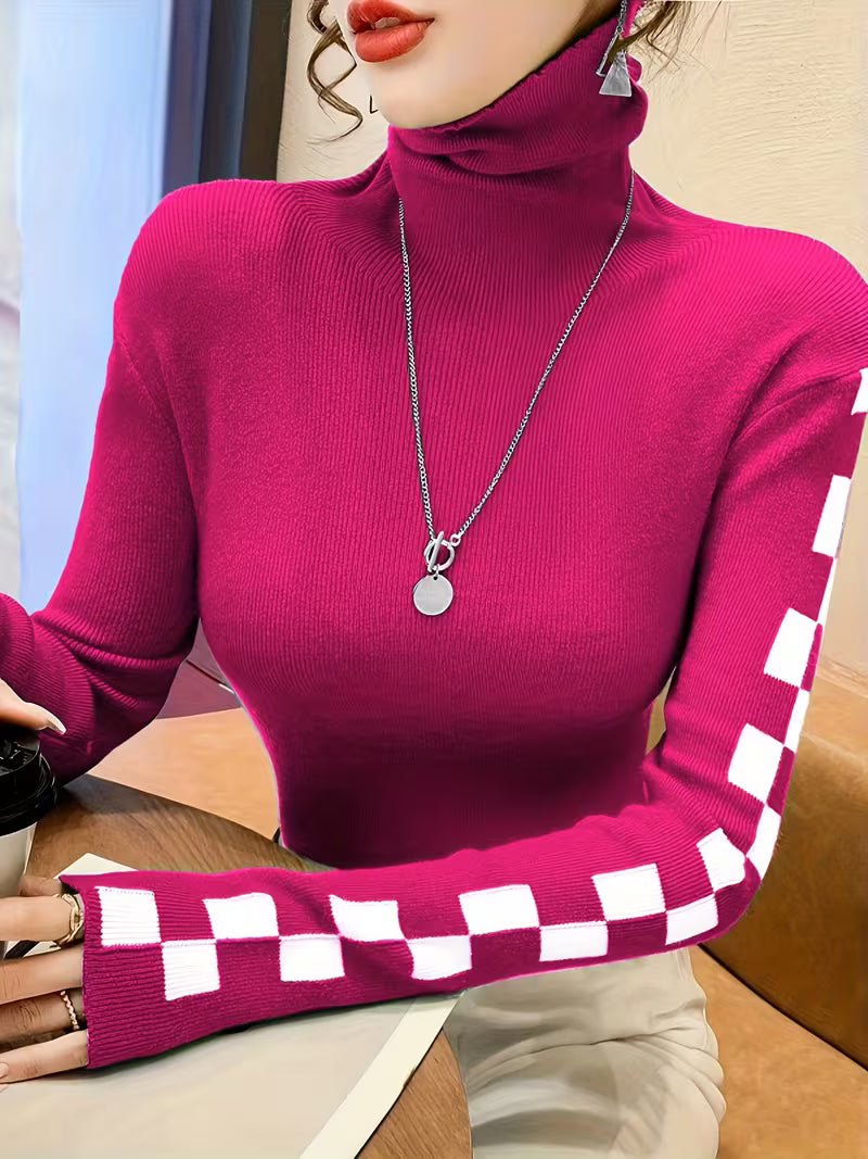 Fitted Turtleneck Top with Long Sleeves and Contrast Pattern Details