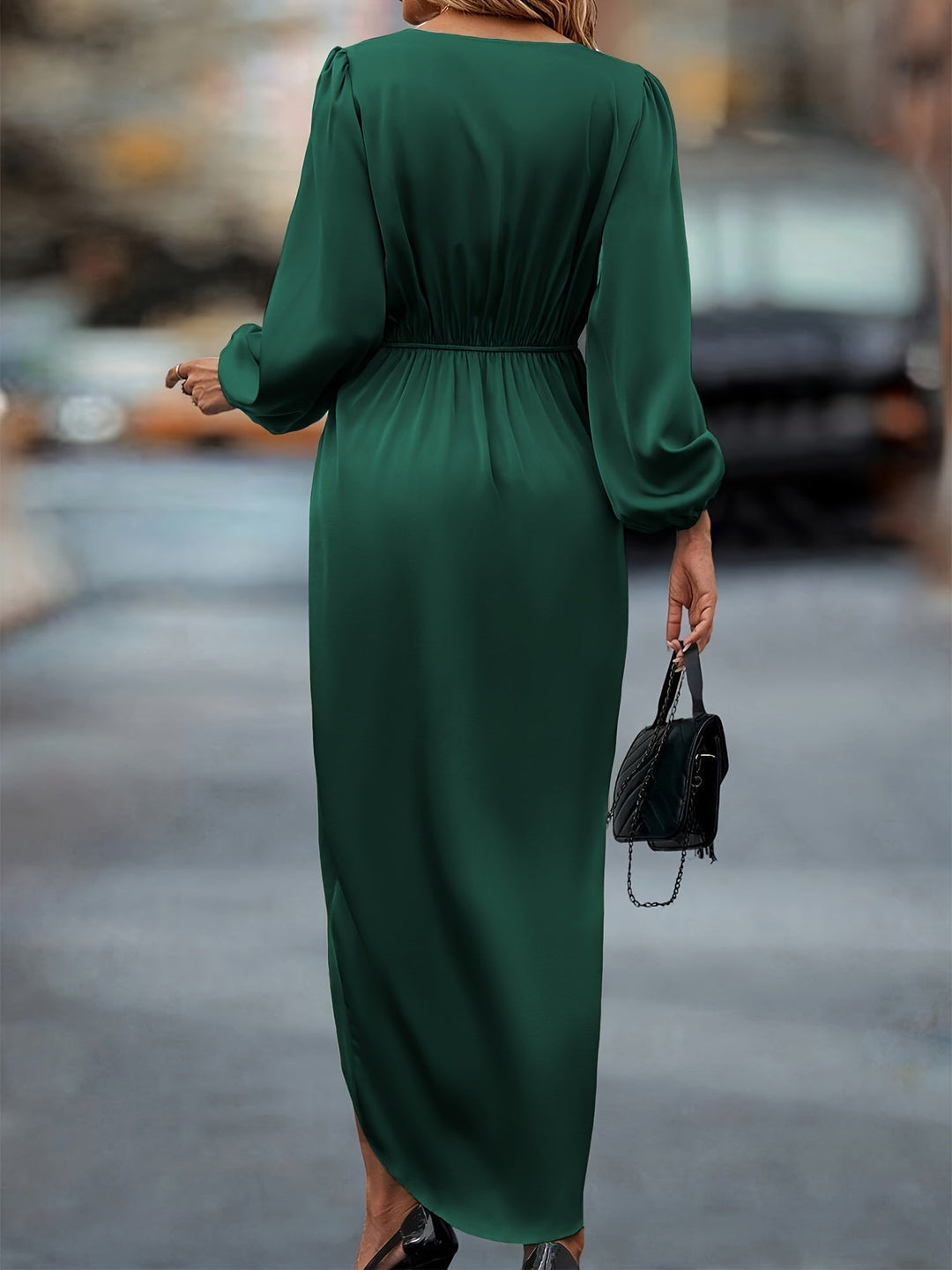 V-Neckline Wrap Dress with Balloon Long Sleeves and Draped Skirt