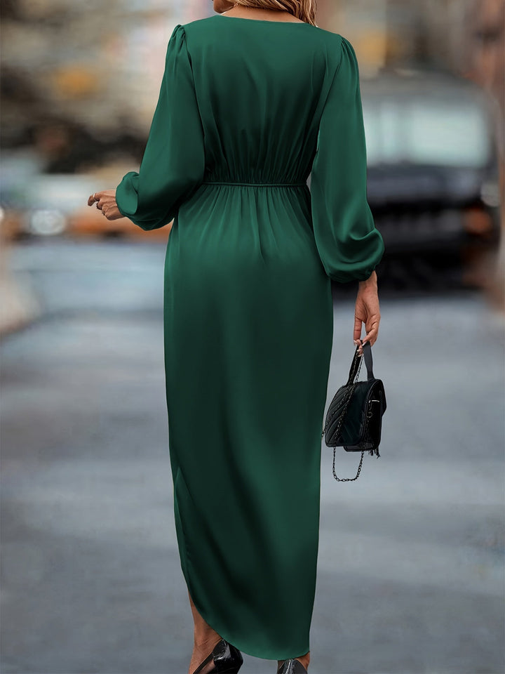 V-Neckline Wrap Dress with Balloon Long Sleeves and Draped Skirt