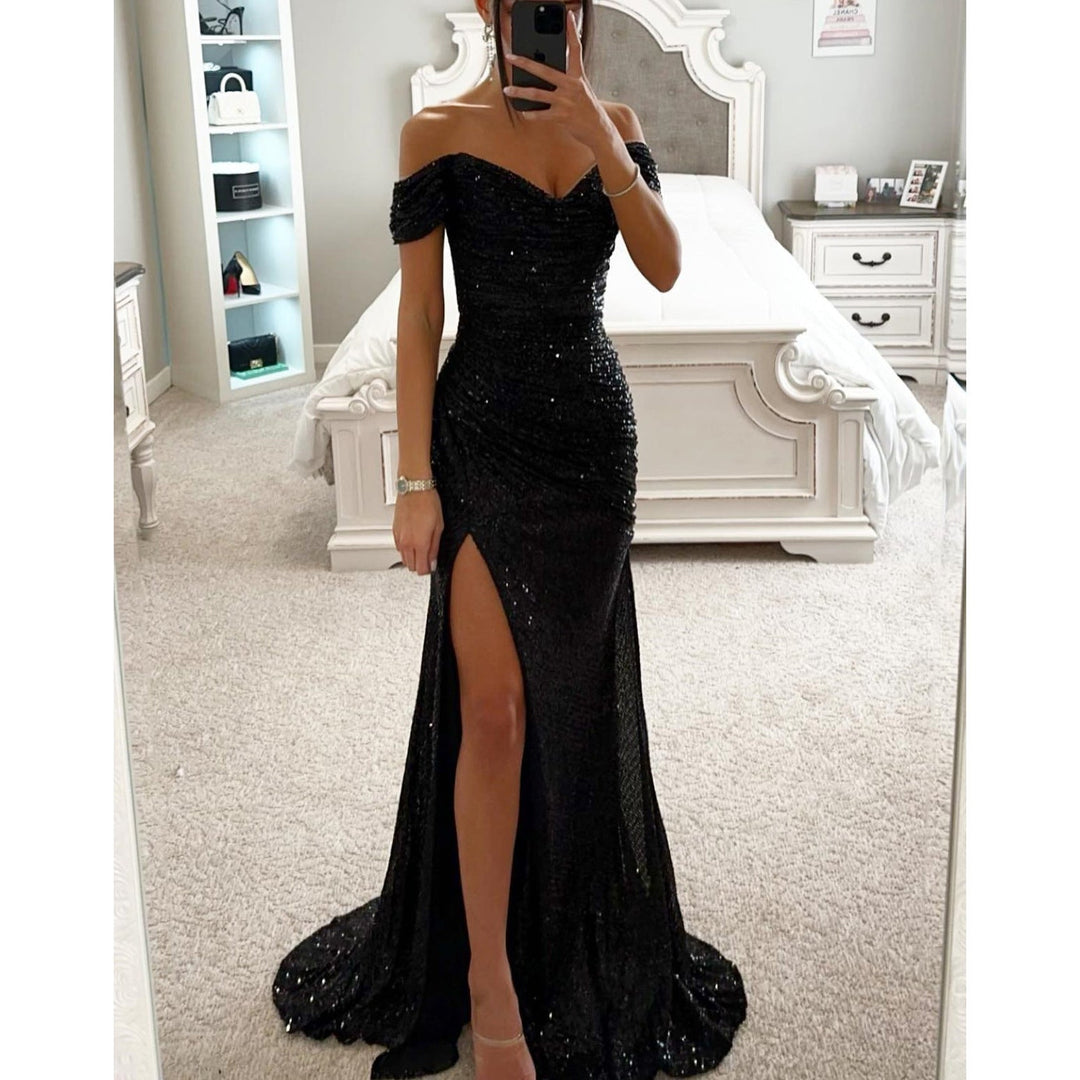 Glittery Off Shoulder Maxi Dress with Sweetheart Neckline and Thigh Slit