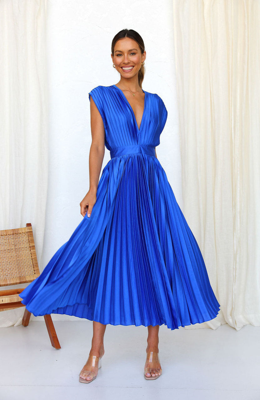 Plissé Pleated Midi Dress with Deep V-Neckline and Cap Sleeves