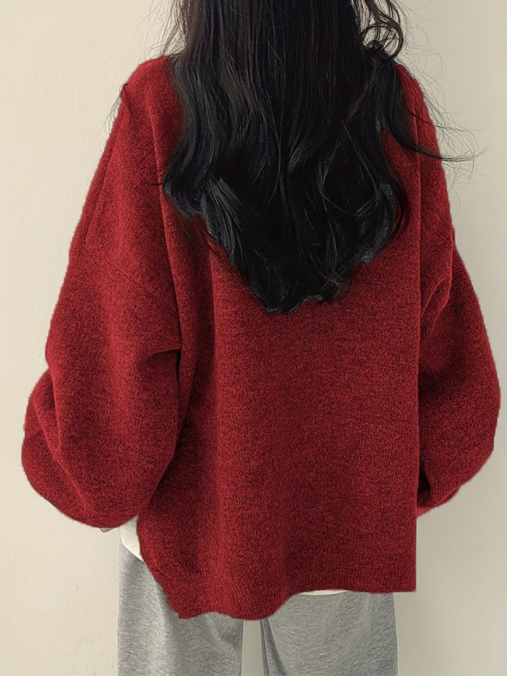 Oversized Knit Sweater with Round Neckline and Ribbed Finishes