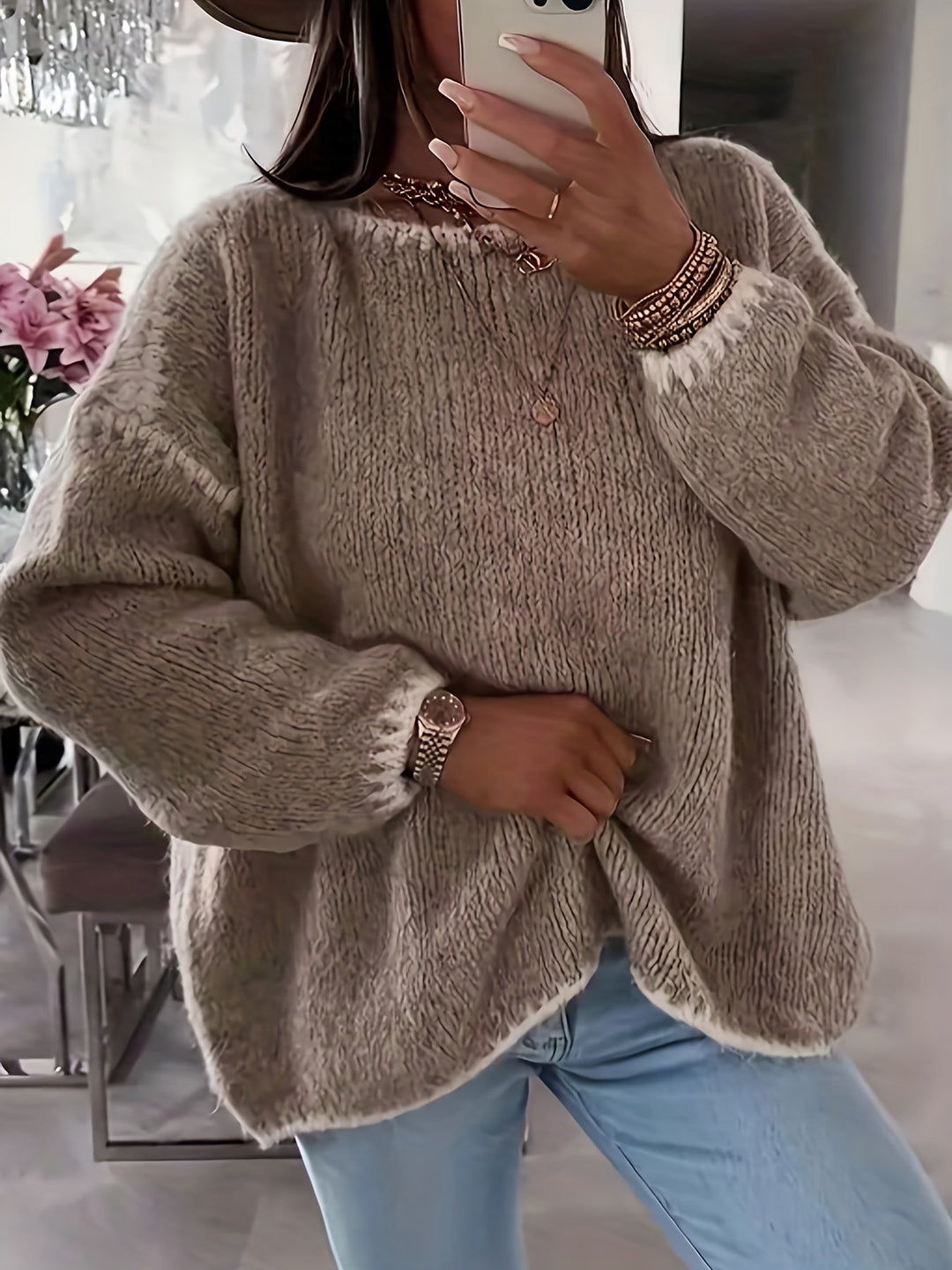 Round Neck Oversized Sweater with Contrast Stitching and Balloon Sleeves