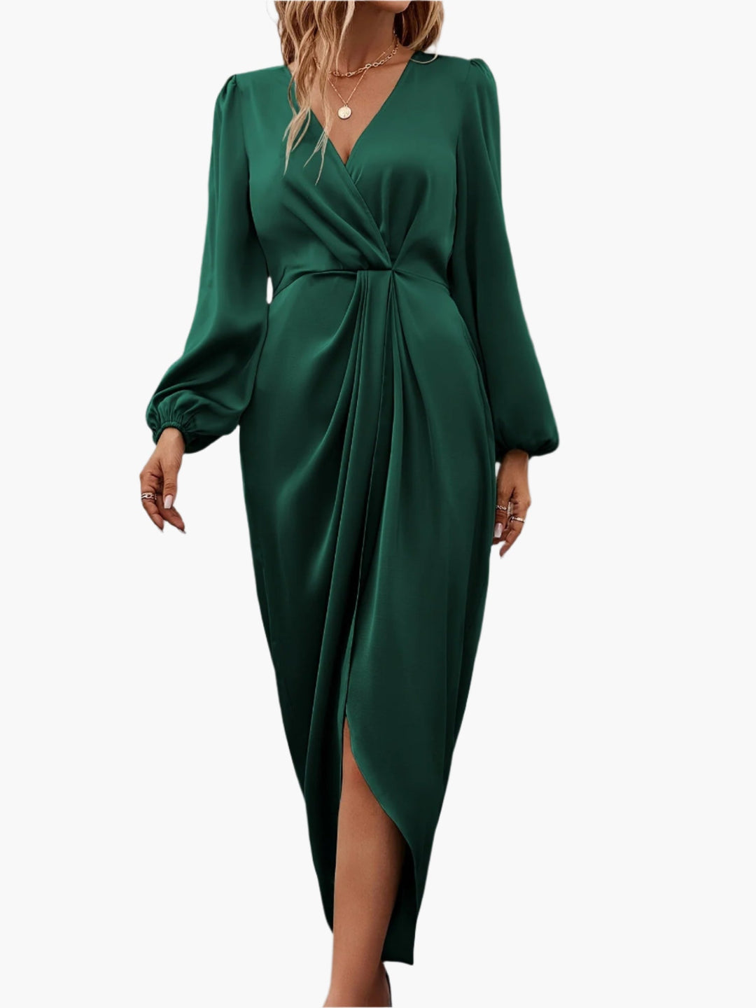 V-Neckline Wrap Dress with Balloon Long Sleeves and Draped Skirt
