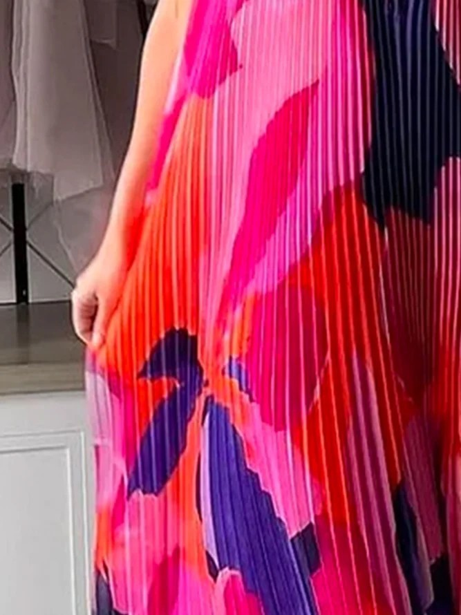 Pleated Maxi Dress with Halter Neck and Deep V-Neckline