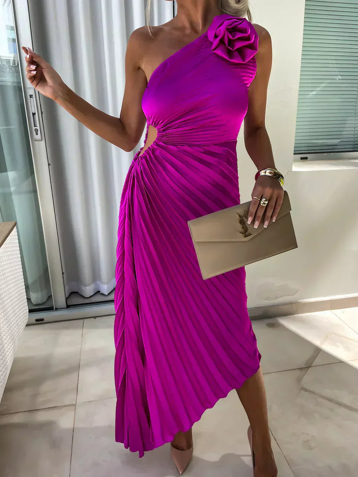 One-Shoulder Pleated Dress with Side Cut-Out and Floral Appliqué