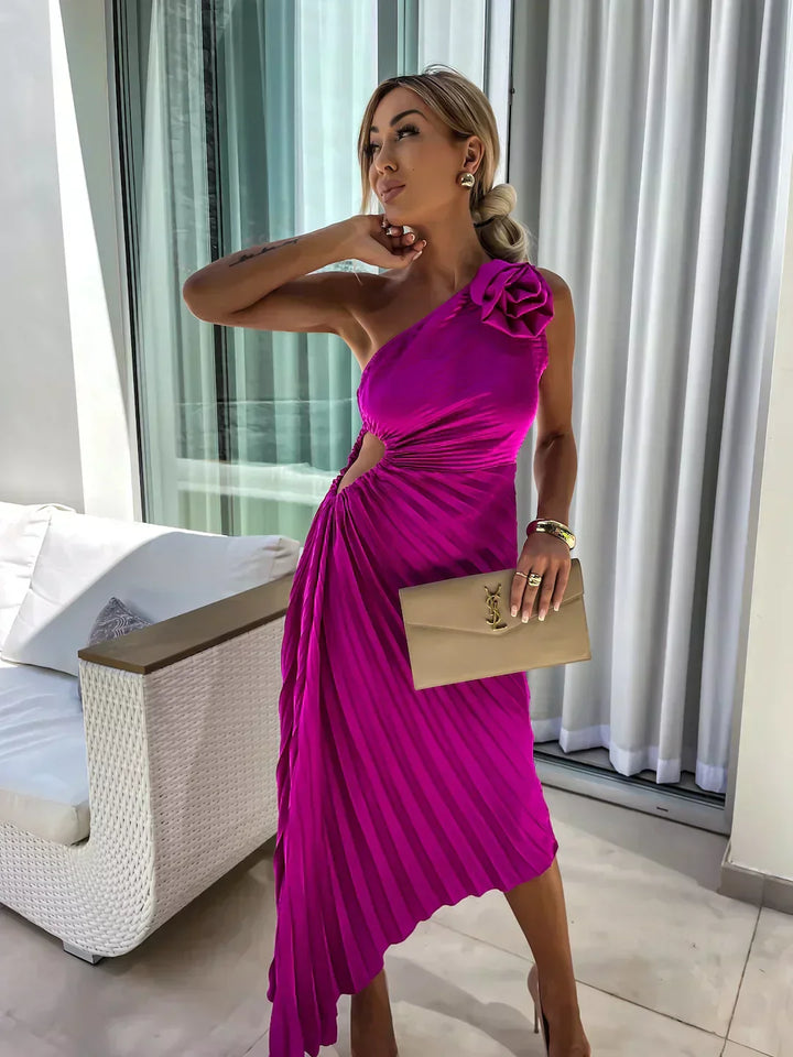 One-Shoulder Pleated Dress with Side Cut-Out and Floral Appliqué