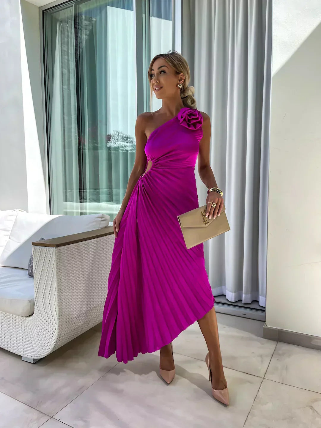 One-Shoulder Pleated Dress with Side Cut-Out and Floral Appliqué