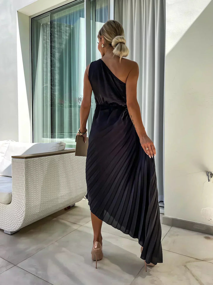 One-Shoulder Pleated Dress with Side Cut-Out and Floral Appliqué