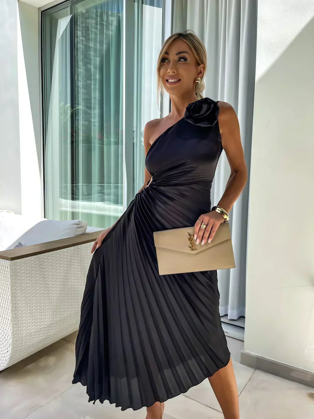 One-Shoulder Pleated Dress with Side Cut-Out and Floral Appliqué