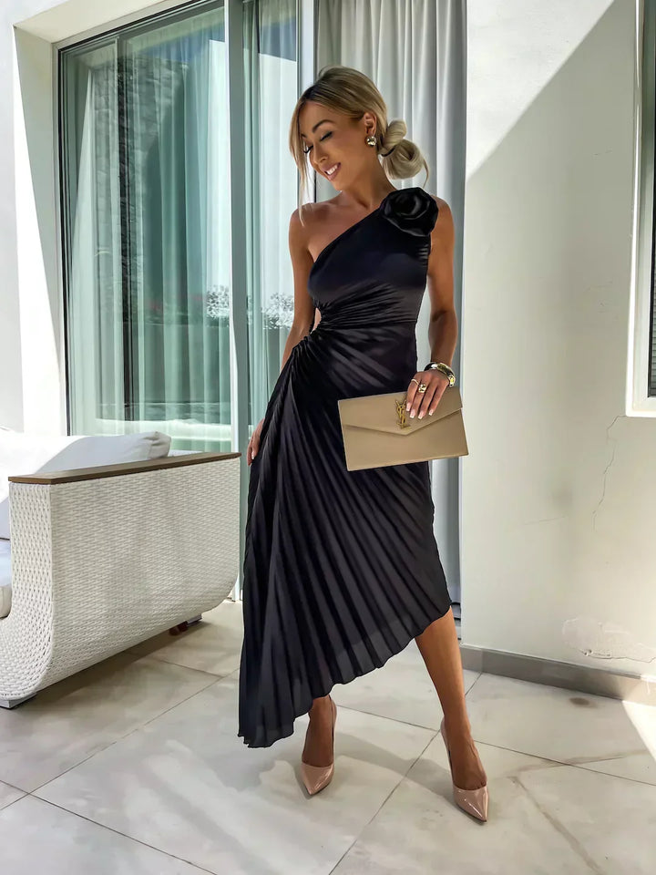 One-Shoulder Pleated Dress with Side Cut-Out and Floral Appliqué